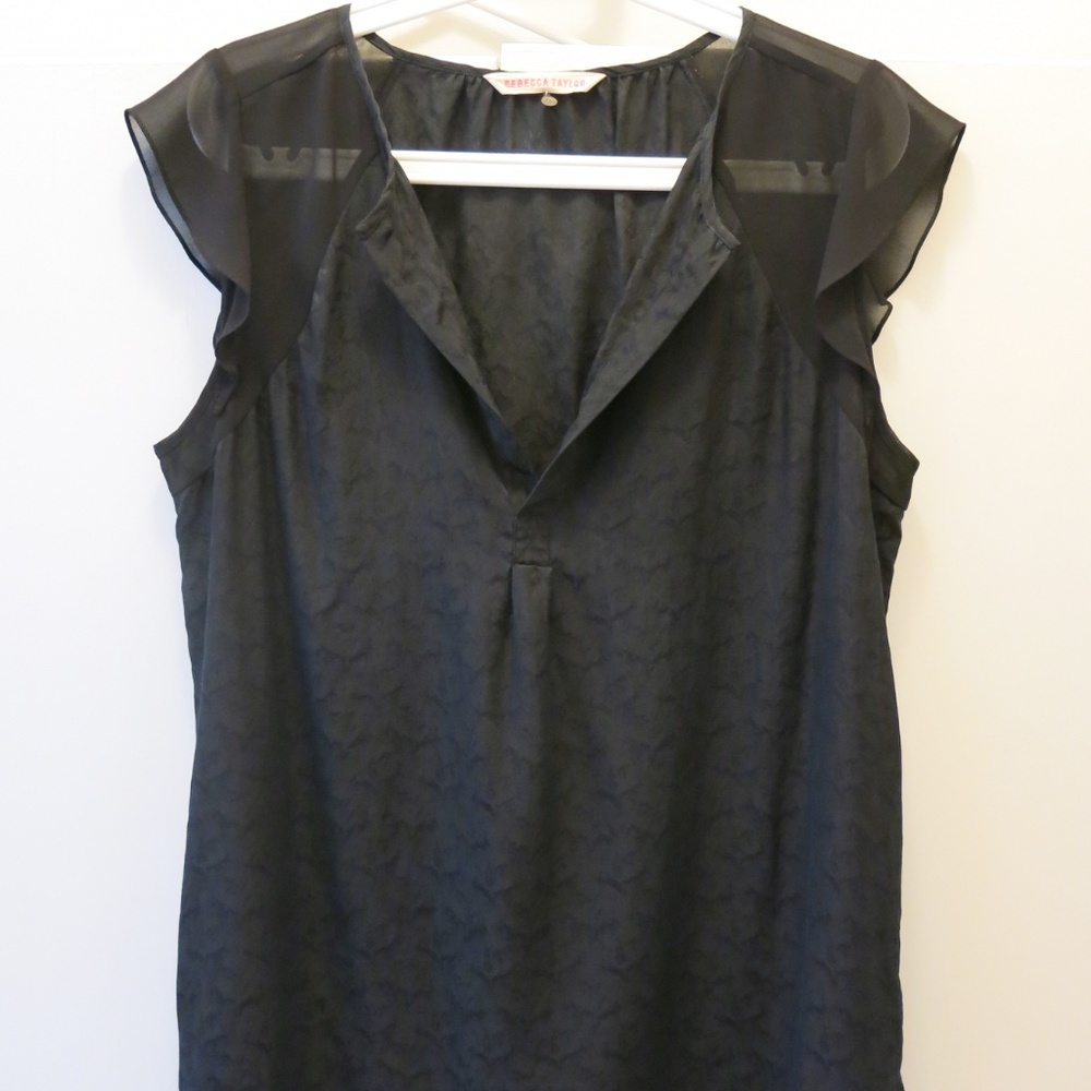 Rebecca Taylor Black V-neck Silk Cap Sleeve Blouse/Top